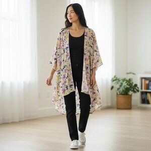 Lularoe Womens M Cream Purple Elbow Sleeve Open Front Hi Low Kimono Cardigan M